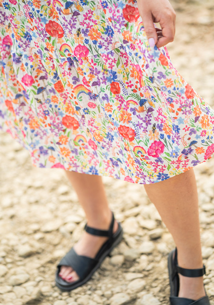 Hallie-Jo Cream Garden Rainbow Print Tiered Hem Dress