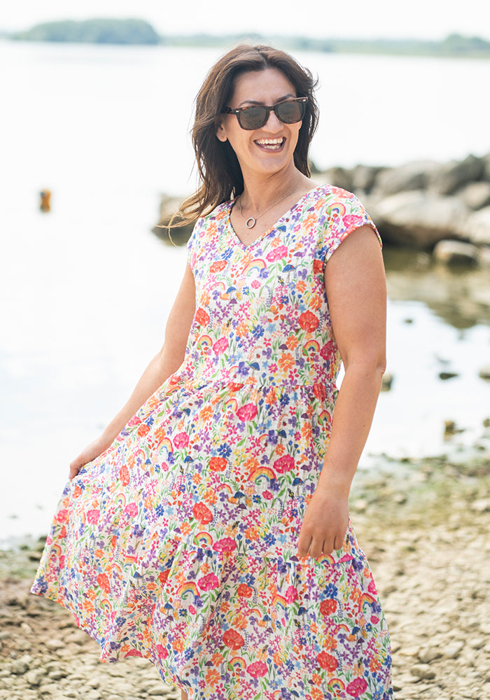 Hallie-Jo Cream Garden Rainbow Print Tiered Hem Dress