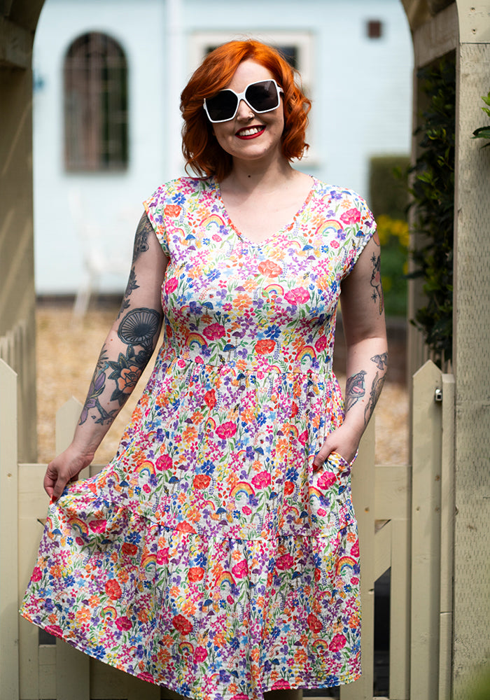 Hallie-Jo Cream Garden Rainbow Print Tiered Hem Dress