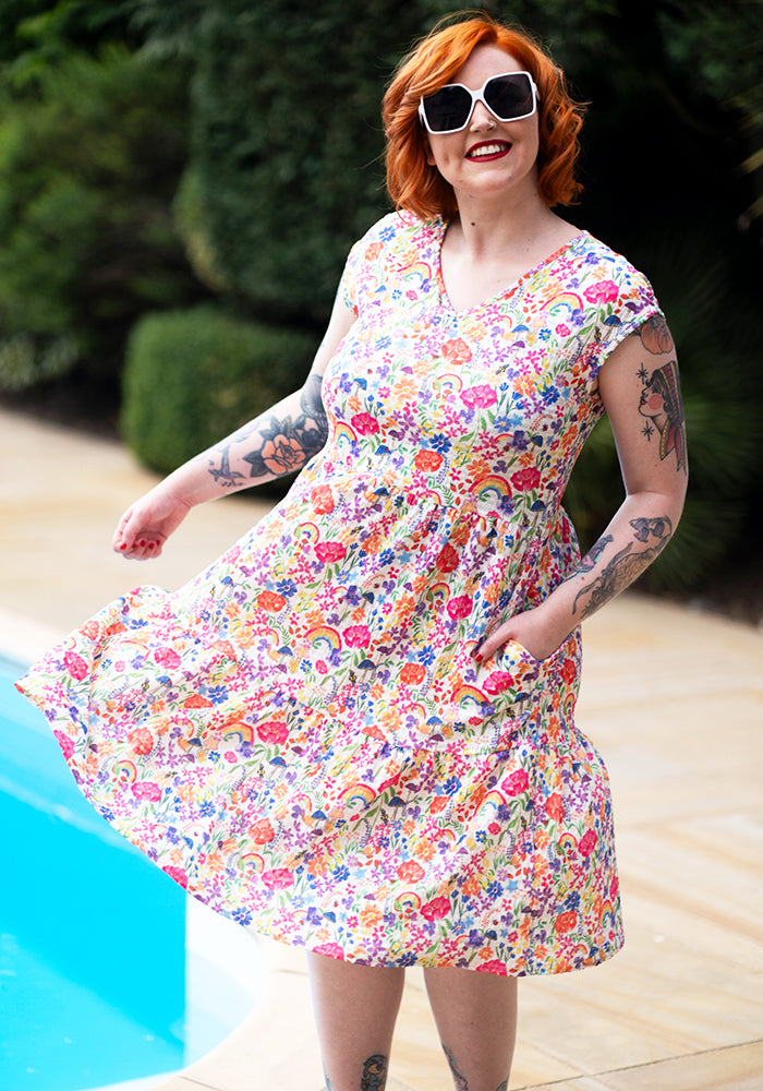 Hallie-Jo Cream Garden Rainbow Print Tiered Hem Dress