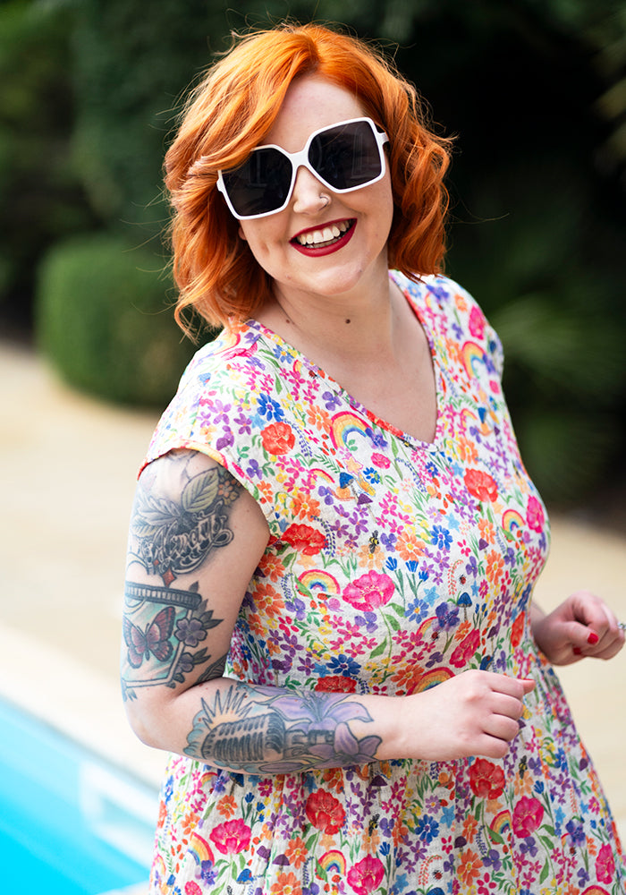 Hallie-Jo Cream Garden Rainbow Print Tiered Hem Dress