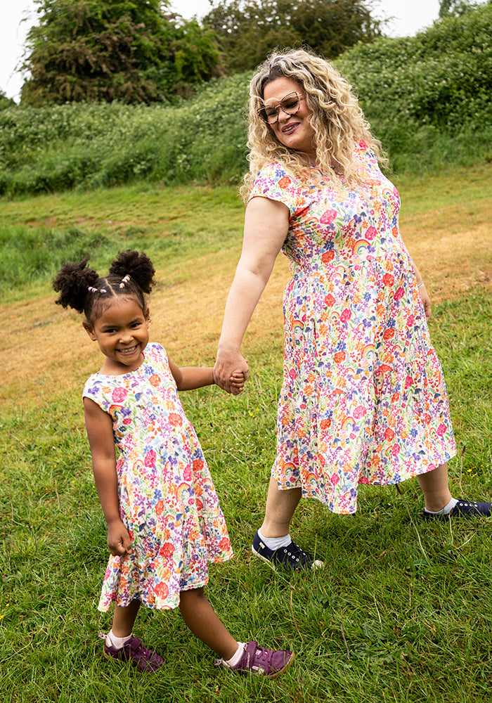 Hallie-Jo Cream Garden Rainbow Print Tiered Hem Dress