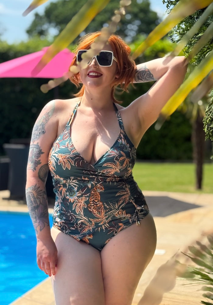 Front view of Tiger Jungle Print (Teal) Halter Neck Swimsuit