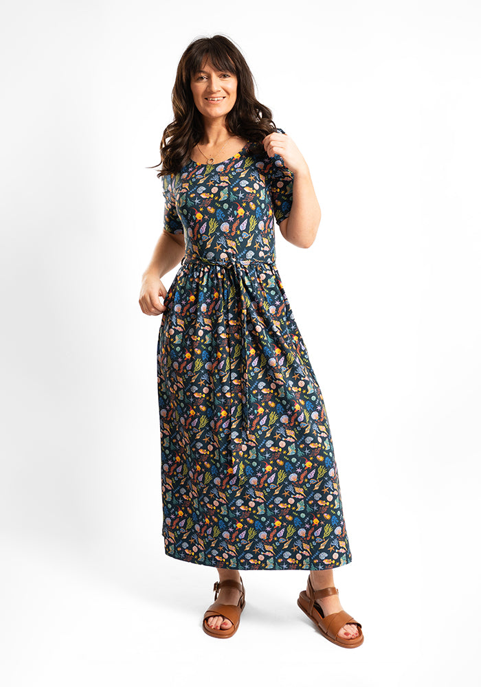 Third angle of Harbor Sea Life Print Cotton Midaxi Dress