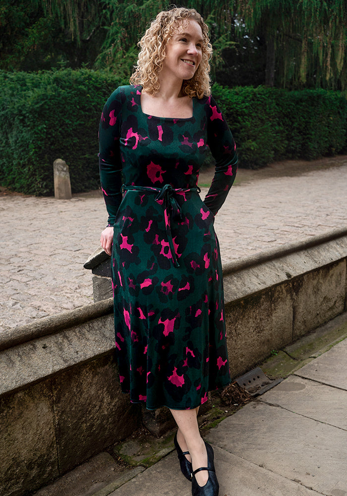 Third angle of Harlow Large Animal Printed Velour Midi Dress