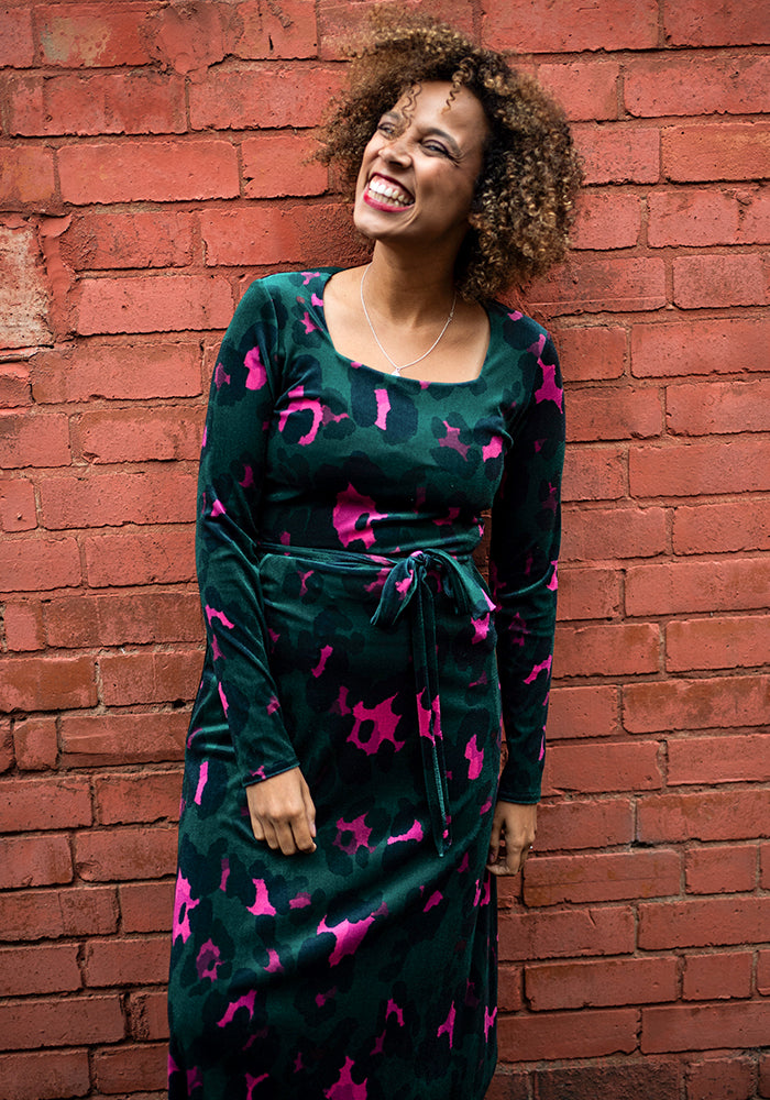 Front view of Harlow Large Animal Printed Velour Midi Dress