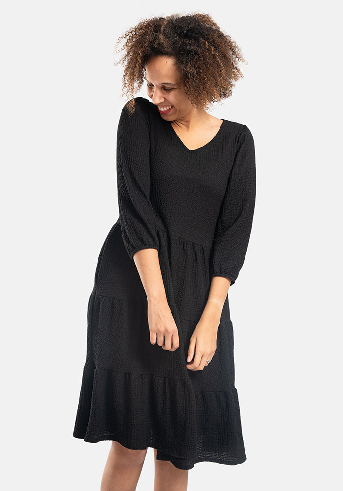 Front view of Hattie Black Tiered Hem Dress