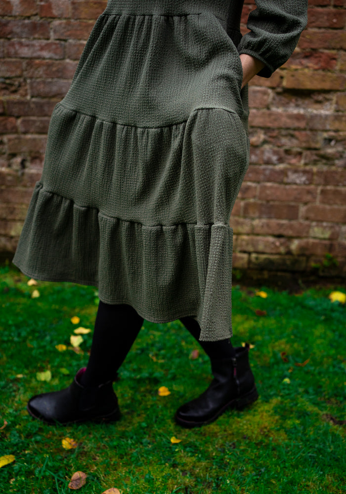 Eighth angle of Hattie Khaki Tiered Hem Dress