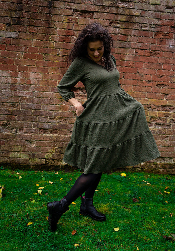 Third angle of Hattie Khaki Tiered Hem Dress