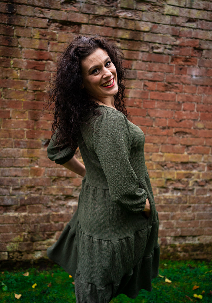 Fourth angle of Hattie Khaki Tiered Hem Dress