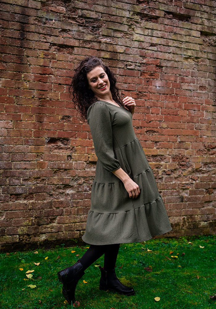 Front view of Hattie Khaki Tiered Hem Dress