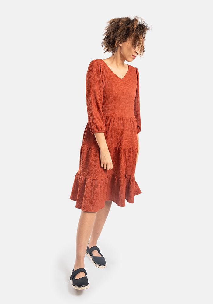 Fourth angle of Hattie Rust Tiered Hem Dress