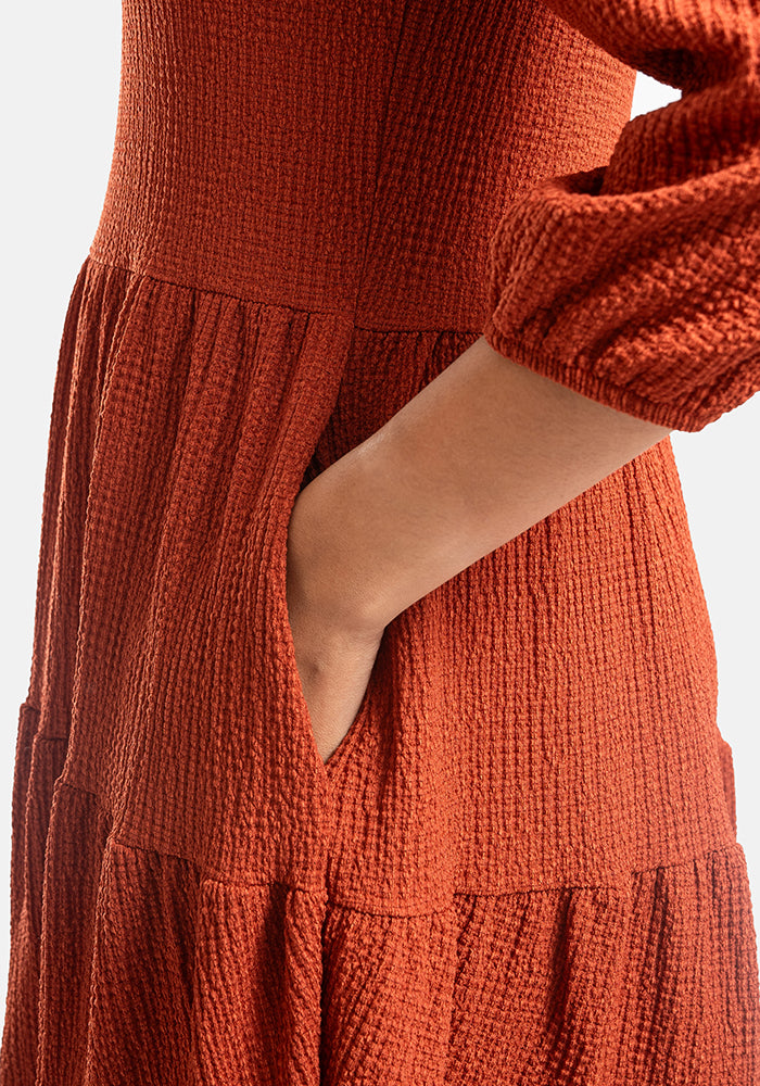 Second angle of Hattie Rust Tiered Hem Dress