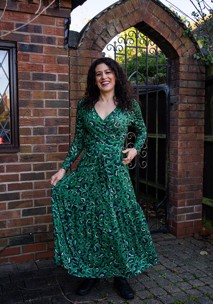 Front view of Havana Scribble Skin Print Tiered Hem Midaxi Dress