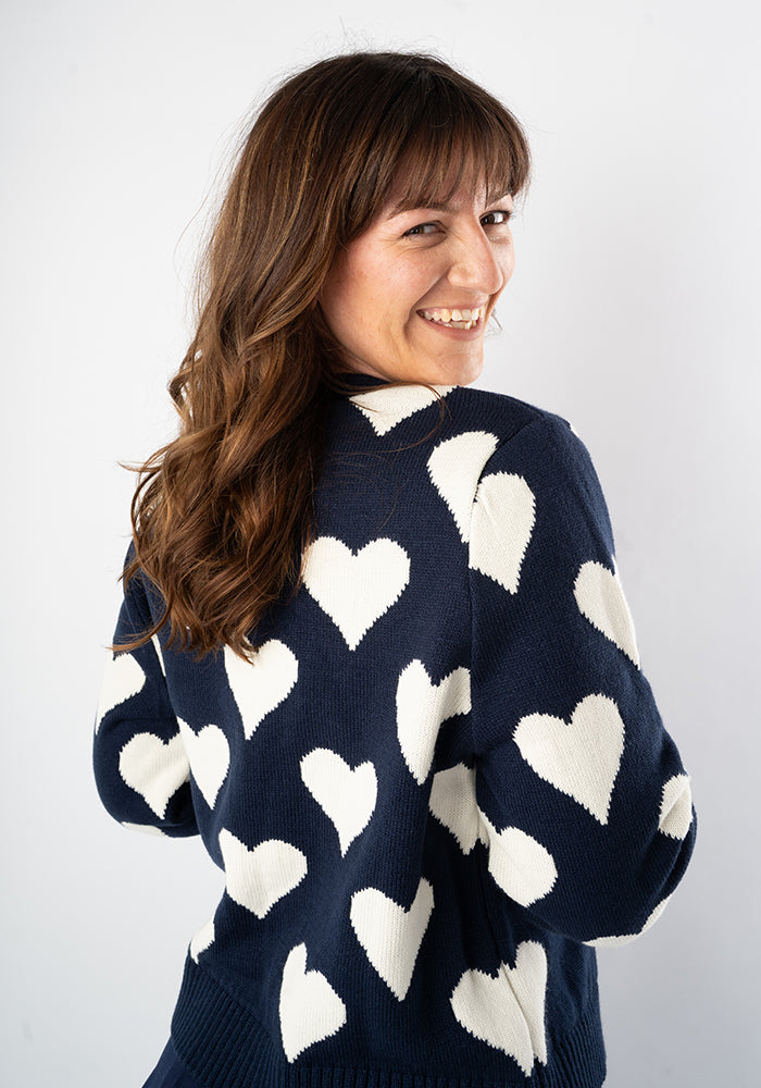 Eighth angle of Heart Knit Cardigan Navy and Warm White