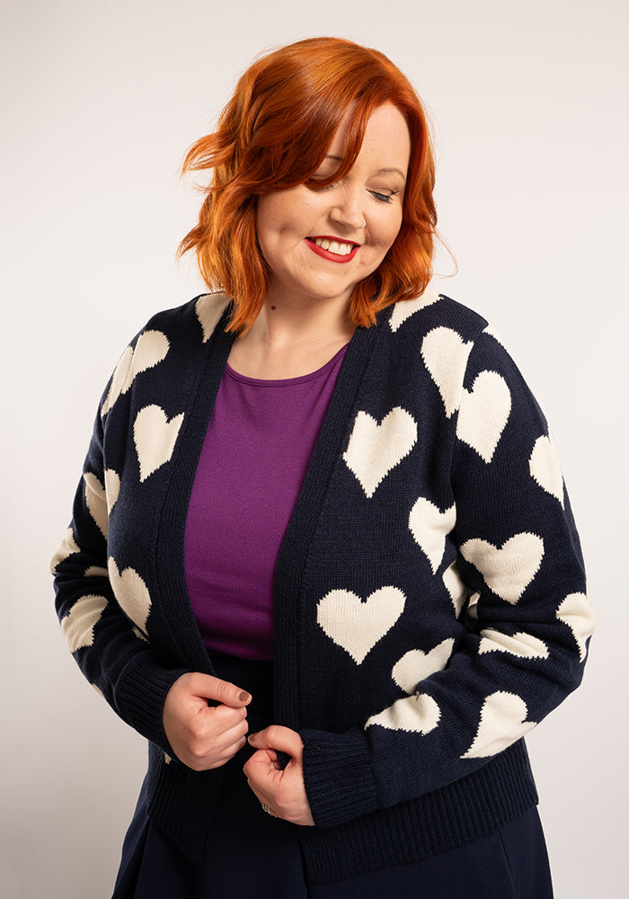 Sixth angle of Heart Knit Cardigan Navy and Warm White
