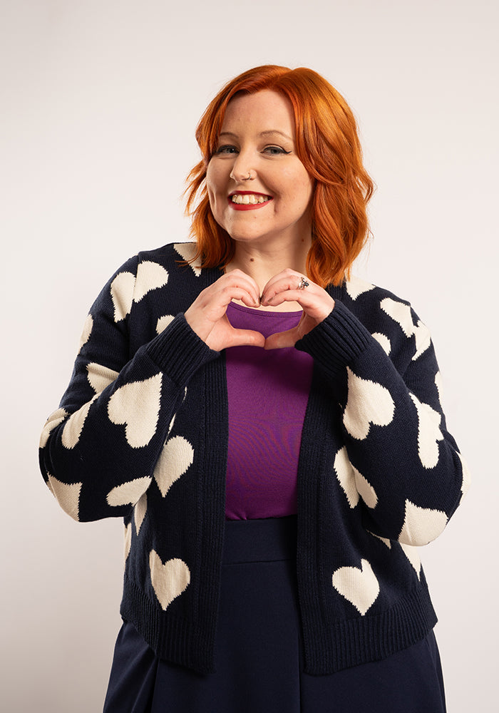 Fourth angle of Heart Knit Cardigan Navy and Warm White