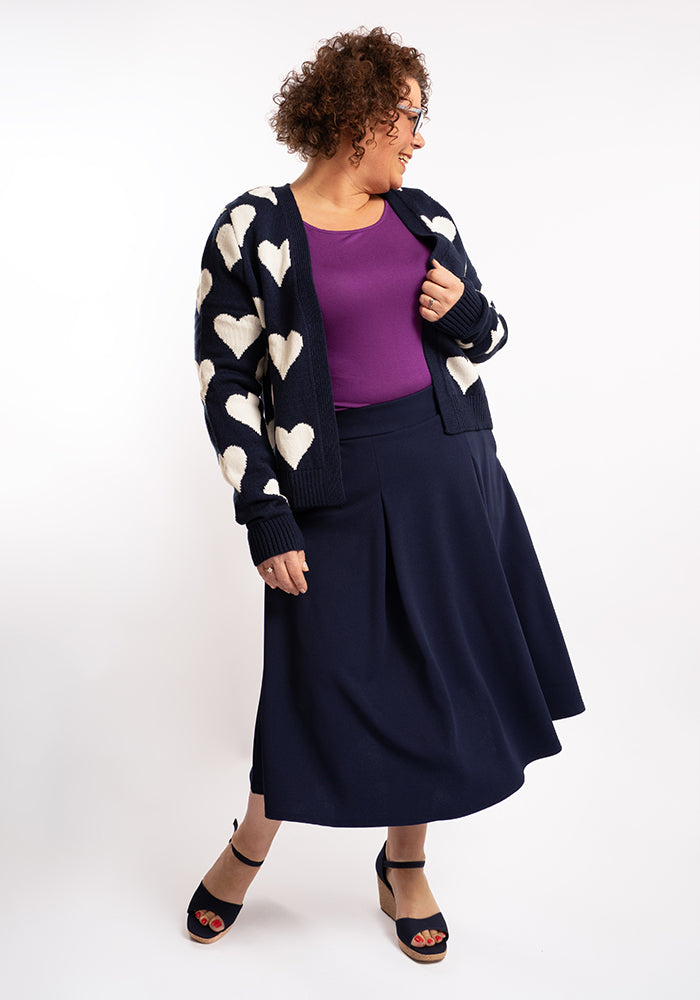 Third angle of Heart Knit Cardigan Navy and Warm White