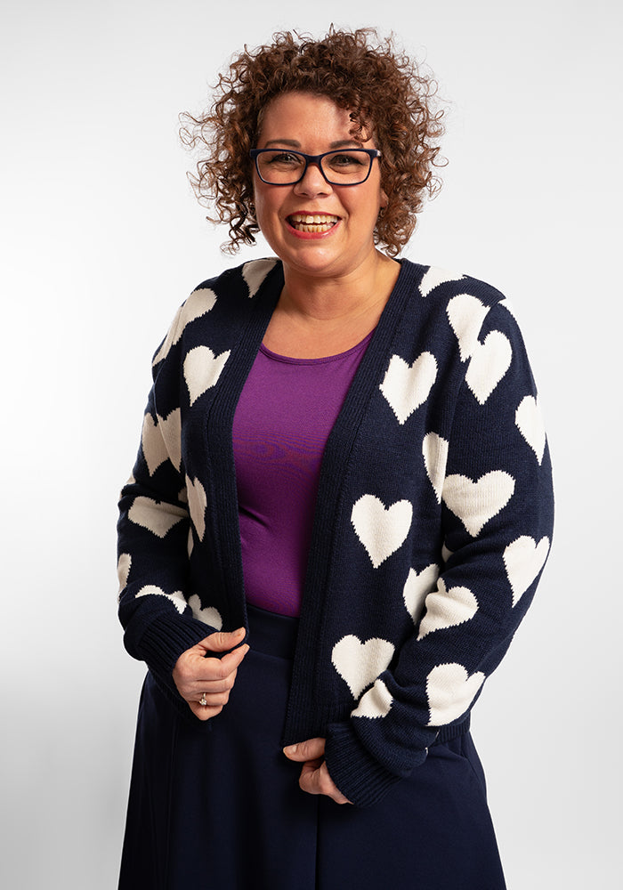 Front view of Heart Knit Cardigan Navy and Warm White