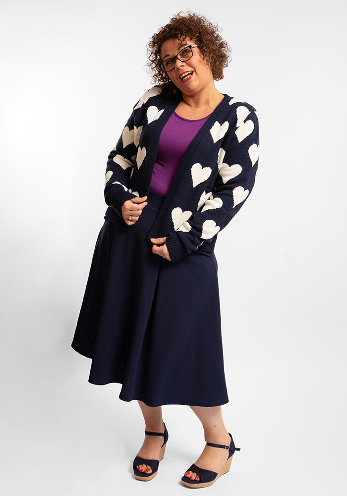Second angle of Heart Knit Cardigan Navy and Warm White