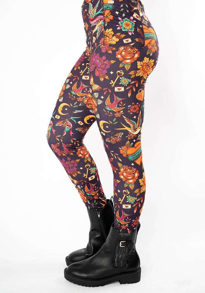 Fourth angle of Heath Purple Tattoo Print Leggings