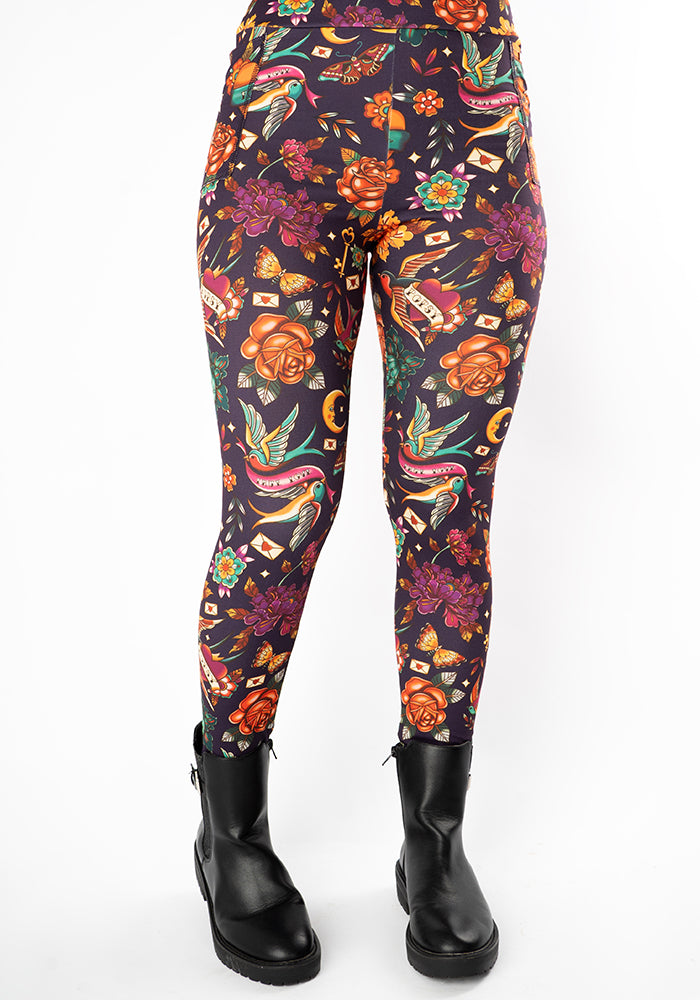 Front view of Heath Purple Tattoo Print Leggings