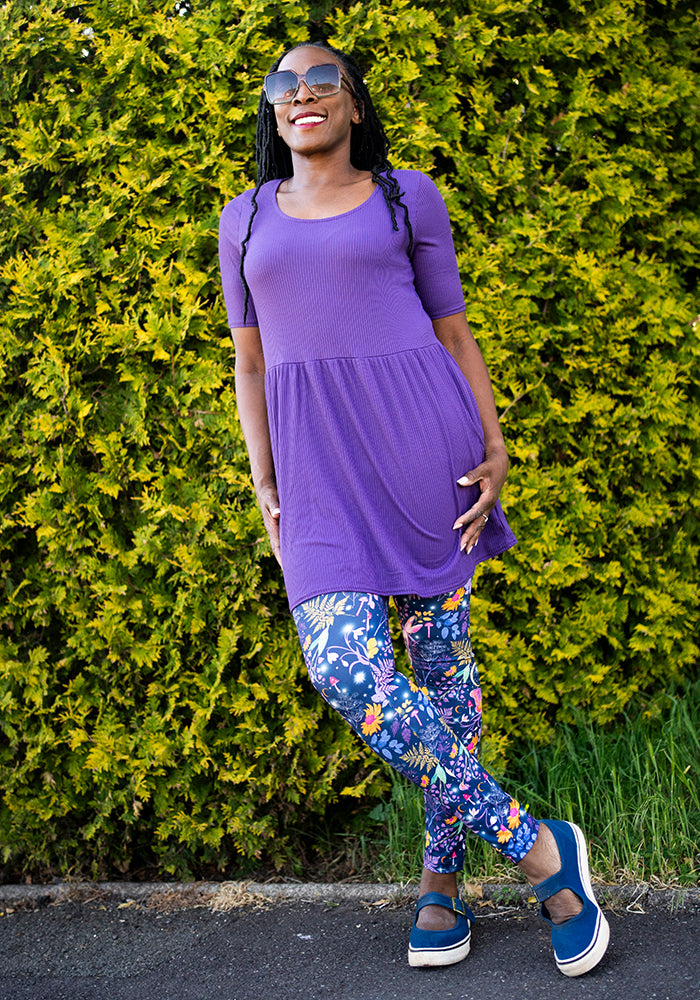 Front view of Heath Purple Magical Moth Print Popsy Leggings