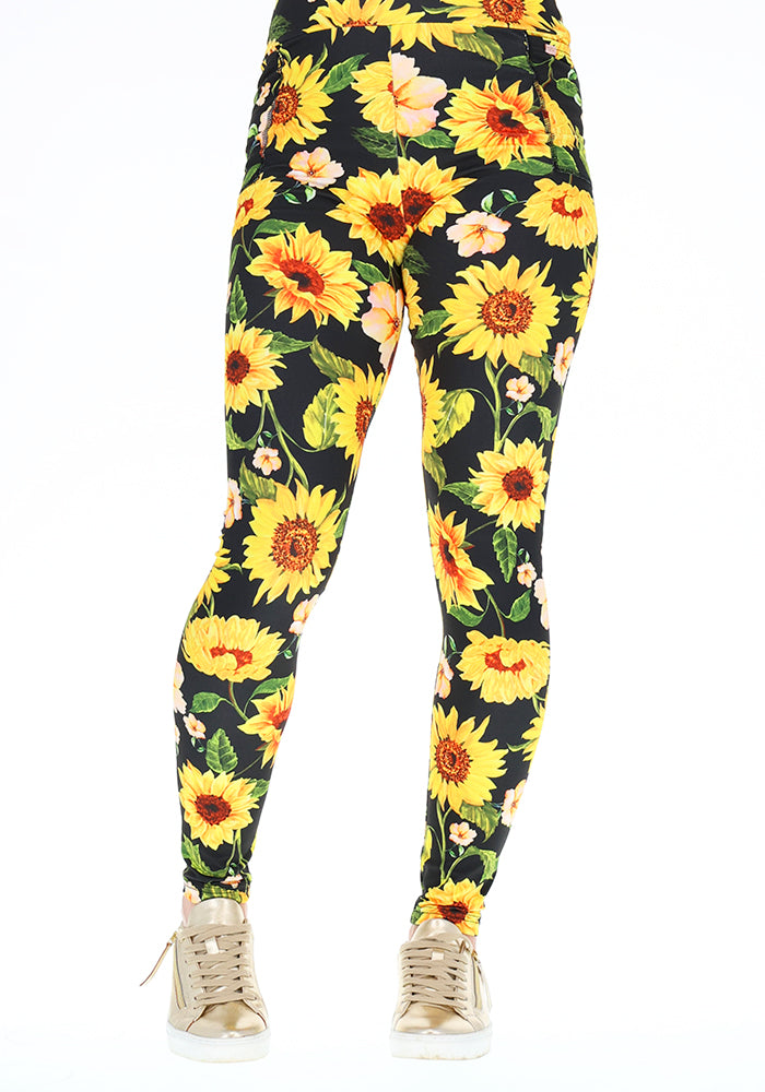 Third angle of Heath Black Sunflower Print Leggings