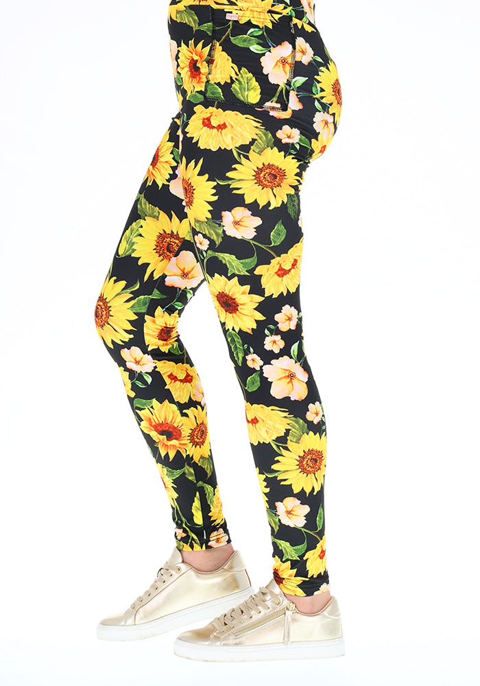 Front view of Heath Black Sunflower Print Leggings