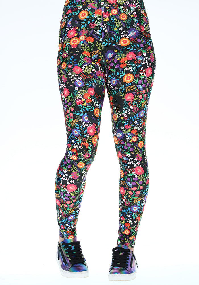 Third angle of Heath Hidden Cat Floral Print Leggings