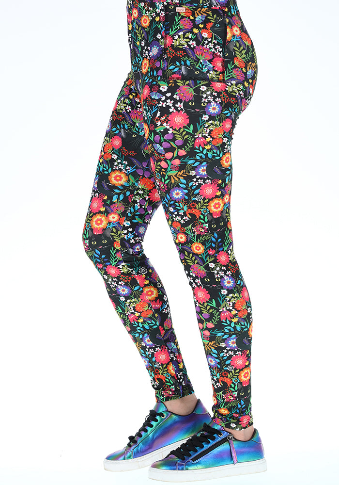 Front view of Heath Hidden Cat Floral Print Leggings