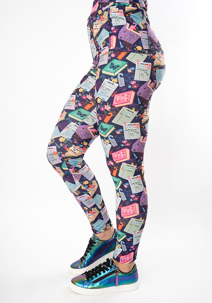 Front view of Heath Library Book Print 2 Pocket Leggings