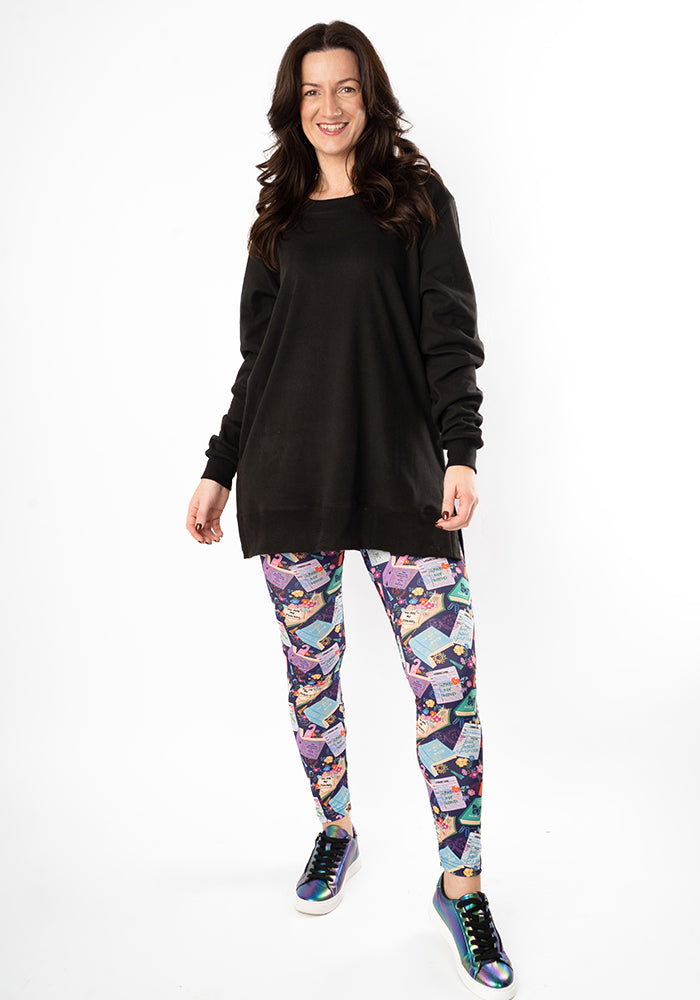 Third angle of Heath Library Book Print 2 Pocket Leggings