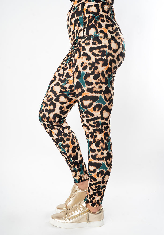 Front view of Heath Natural Animal Print 2 Pocket Leggings