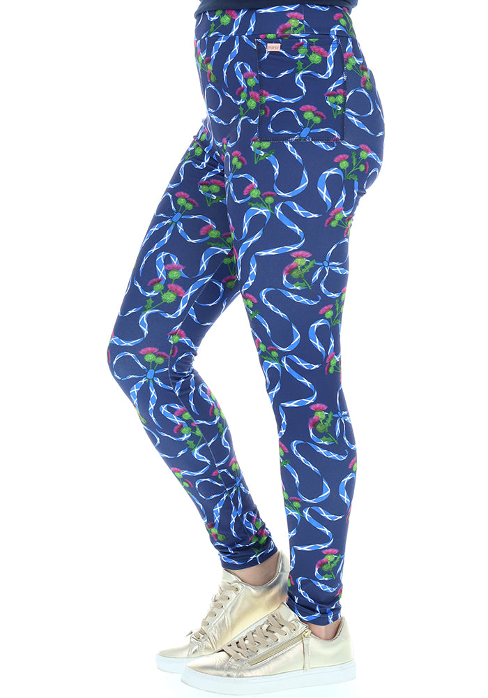 Front view of Heath Scotland Navy Print Leggings