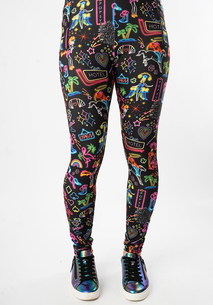 Front view of Heath Vegas Print 2 Pocket Leggings