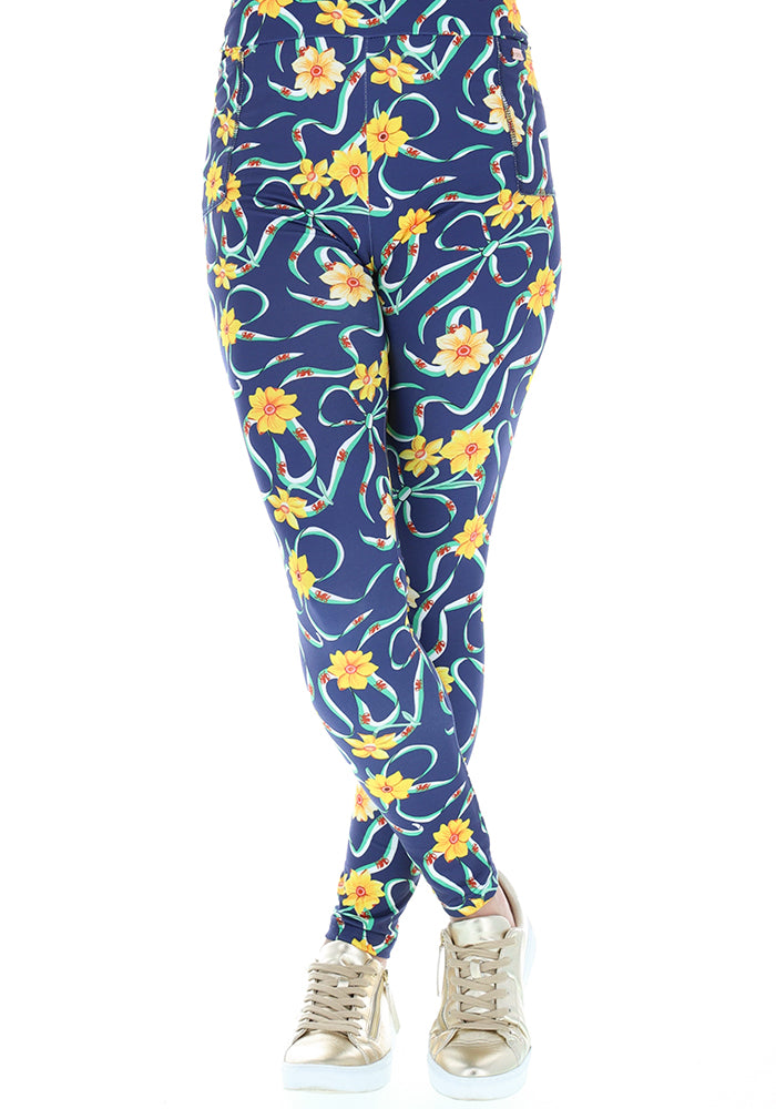 Third angle of Heath Wales Navy Print Leggings, heath Navy Leggings with a Wales inspired pattern.