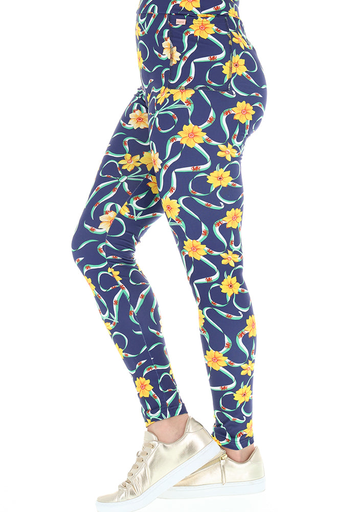 Front view of Heath Wales Navy Print Leggings, heath Navy Leggings with a Wales inspired pattern.