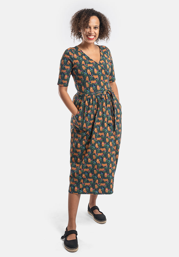 Heather Highland Cow Print Cotton Midi Dress