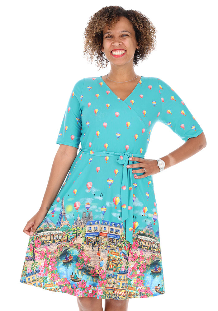 Front view of Heloise Parisian Border Print Jersey Dress