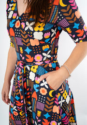 Henley Abstract Flower Print Midi Dress