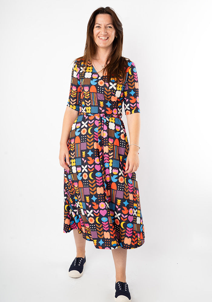 Henley Abstract Flower Print Midi Dress