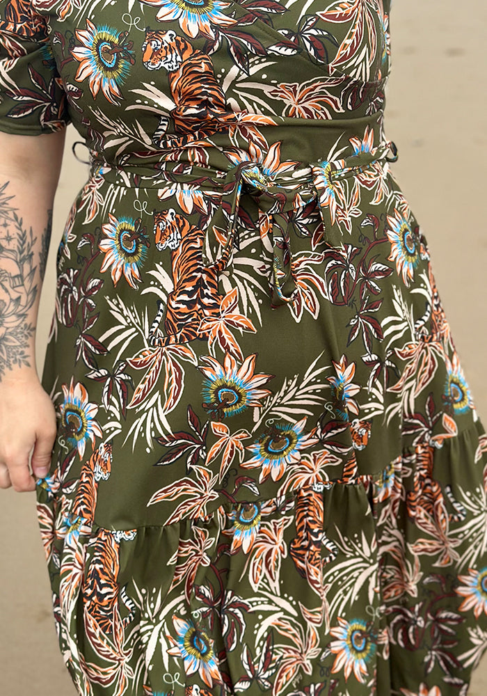 Henna Jungle Tiger Print Tiered Hem Midaxi Dress