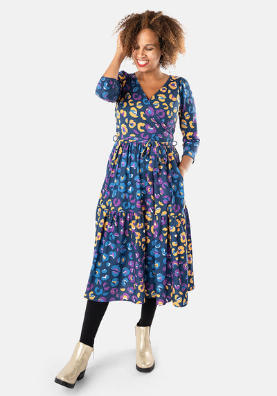Hera Navy Animal Print Tiered Hem Midi Dress