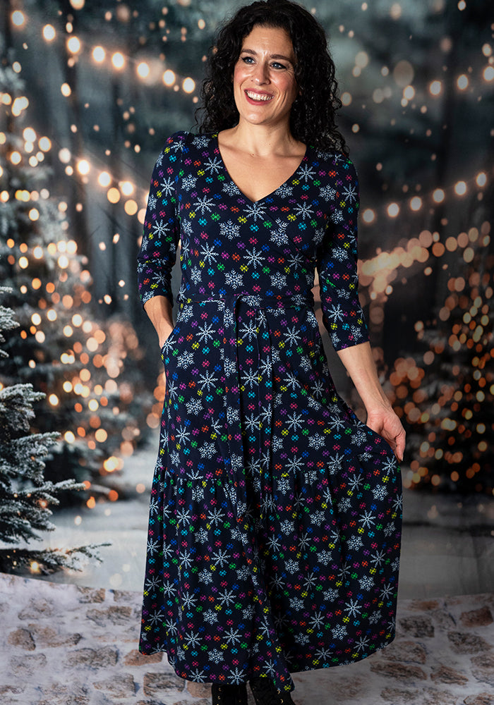 Hesper Colourful Snowflakes Print Cotton Midaxi Dress