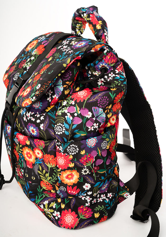 Fourth angle of Hidden Cat Floral Print Drawstring Rucksack