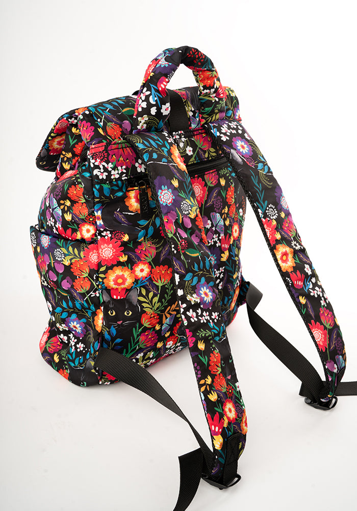 Third angle of Hidden Cat Floral Print Drawstring Rucksack