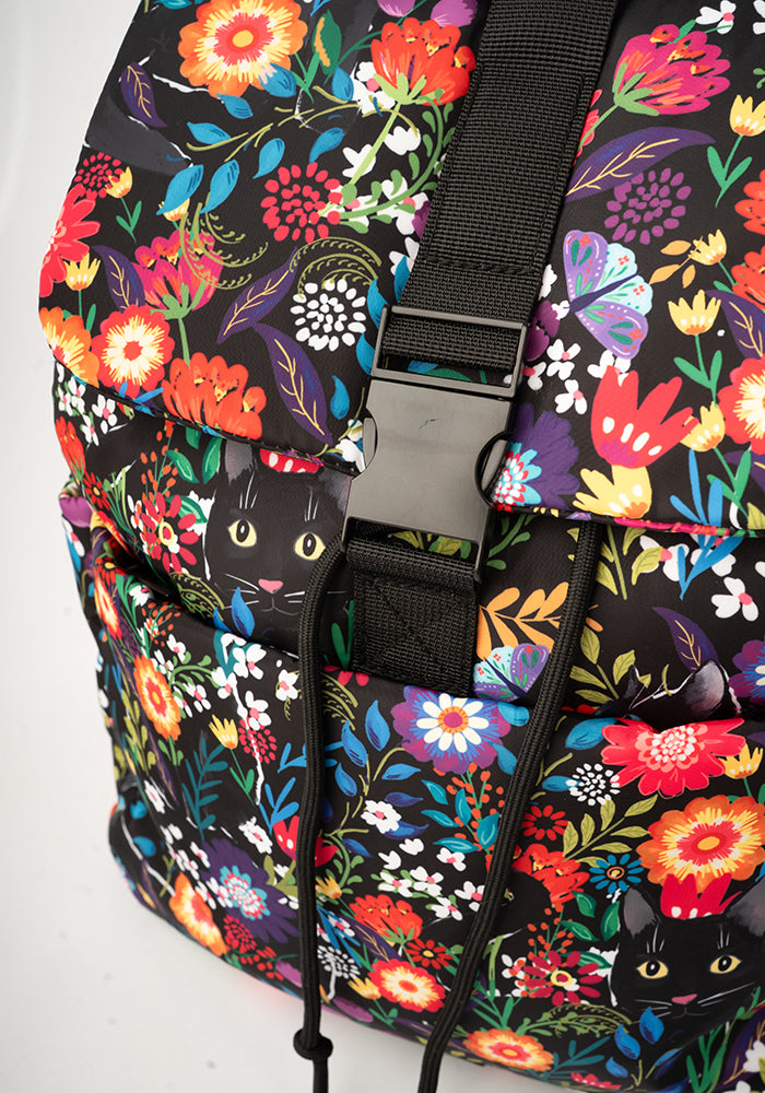 Second angle of Hidden Cat Floral Print Drawstring Rucksack
