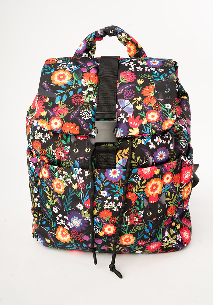 Front view of Hidden Cat Floral Print Drawstring Rucksack