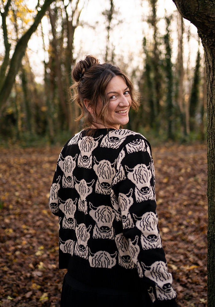 Front view of Highland Cow Knit Cardigan